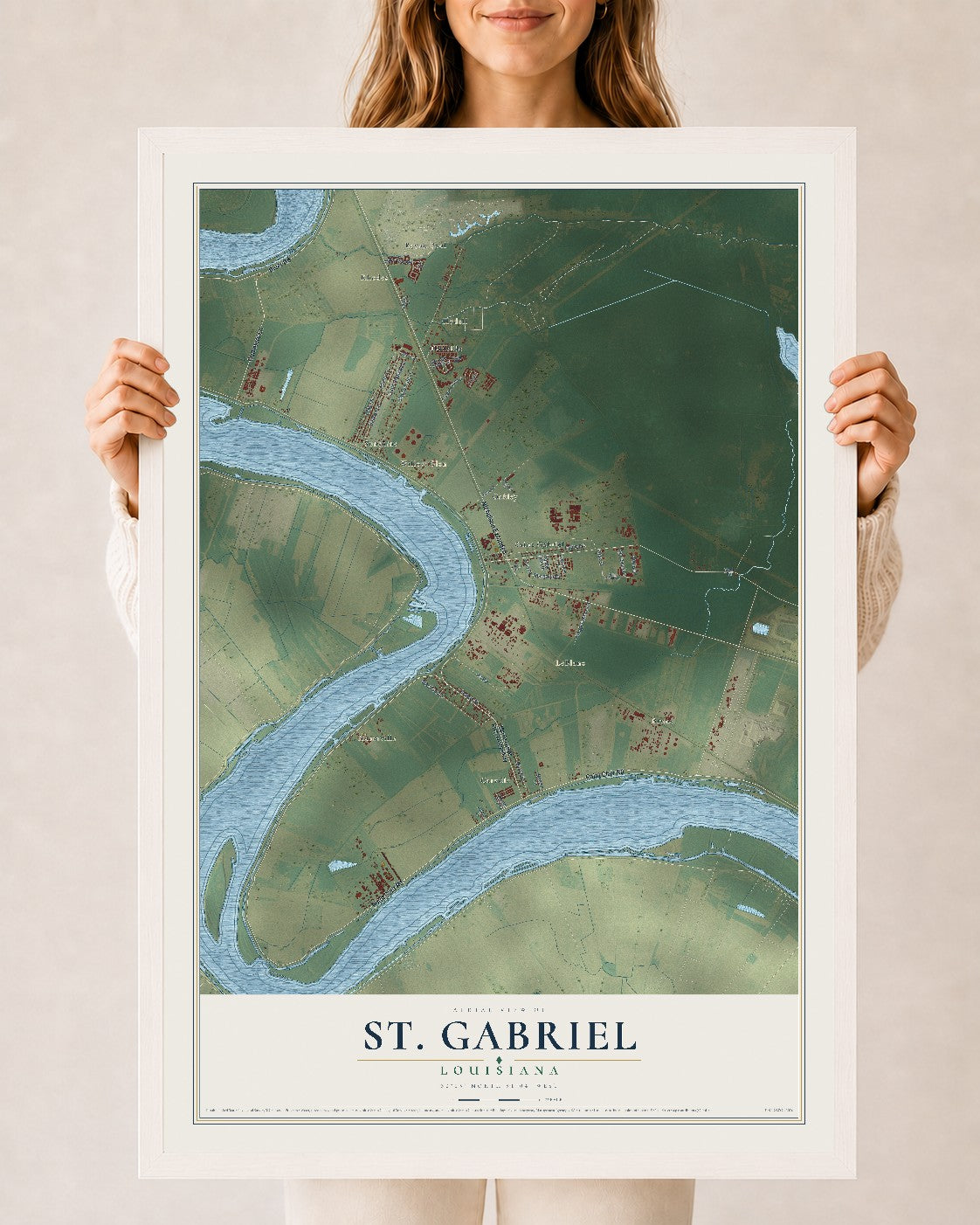 Map of St. Gabriel, Louisiana, 24 x 36 inch print in a white wood frame