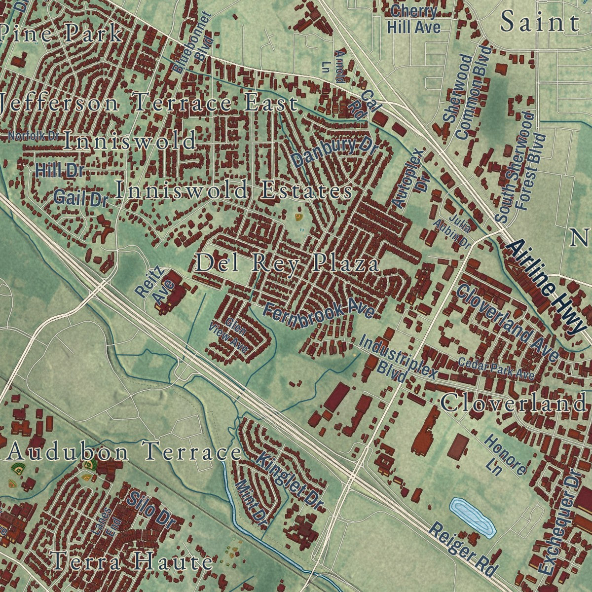 Second close-up of the map of St. George, Louisiana print showing more streets and buildings
