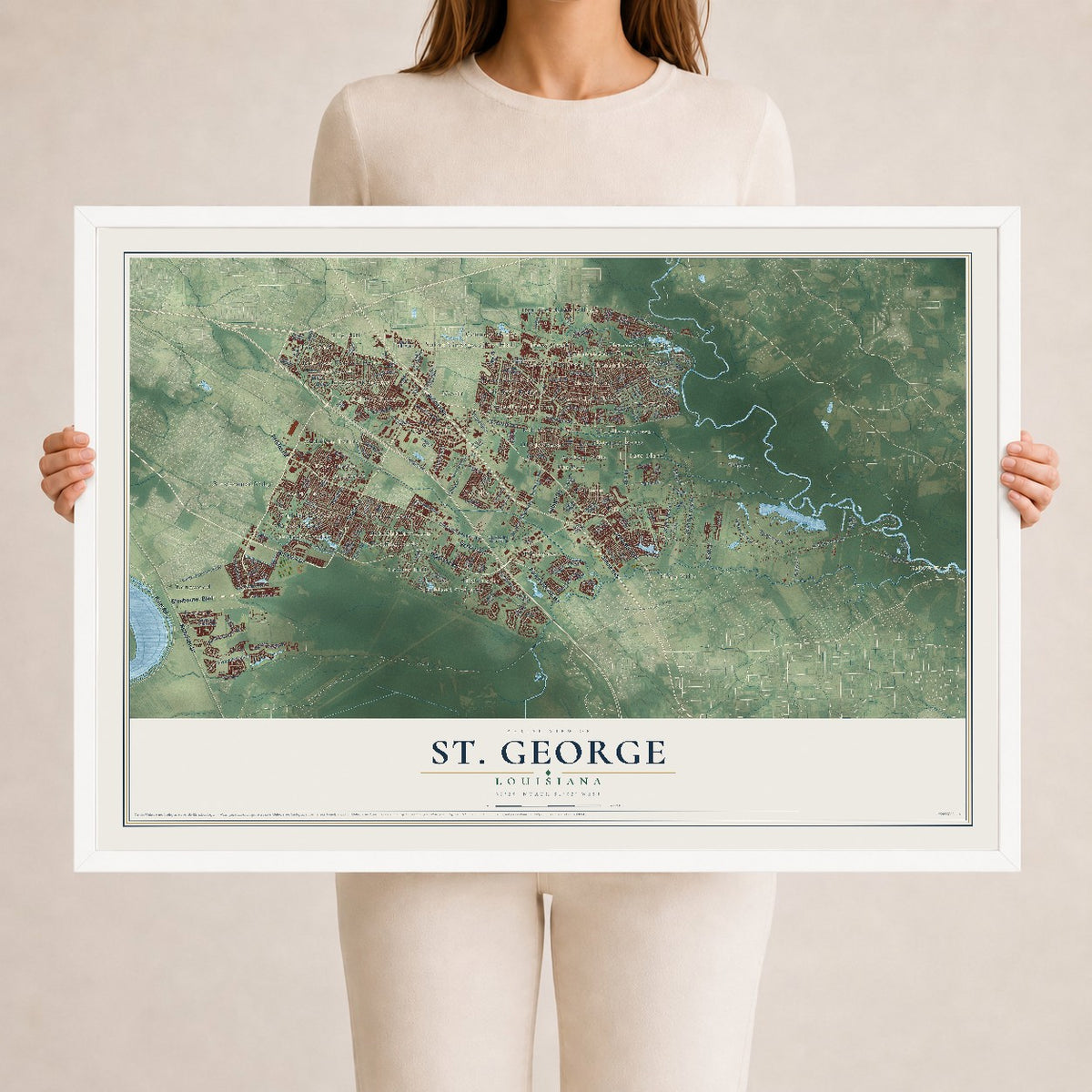 Map of St. George, Louisiana, 24 x 36 inch print in a white wood frame