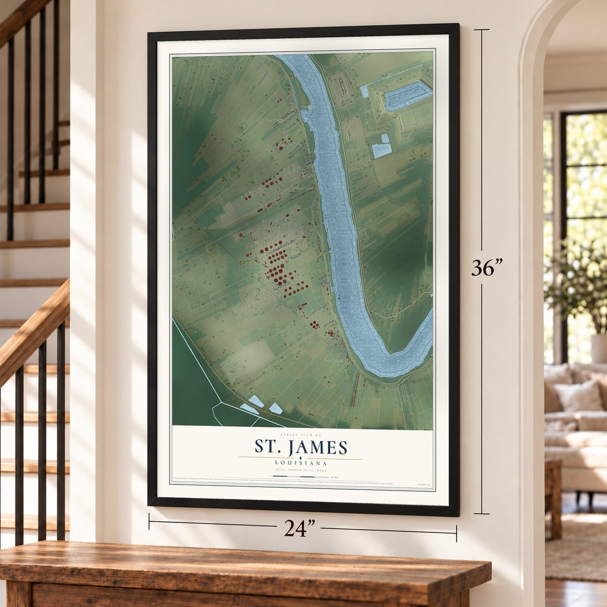 St. James, Louisiana map, 24 x 36 inch print in a black frame by a staircase