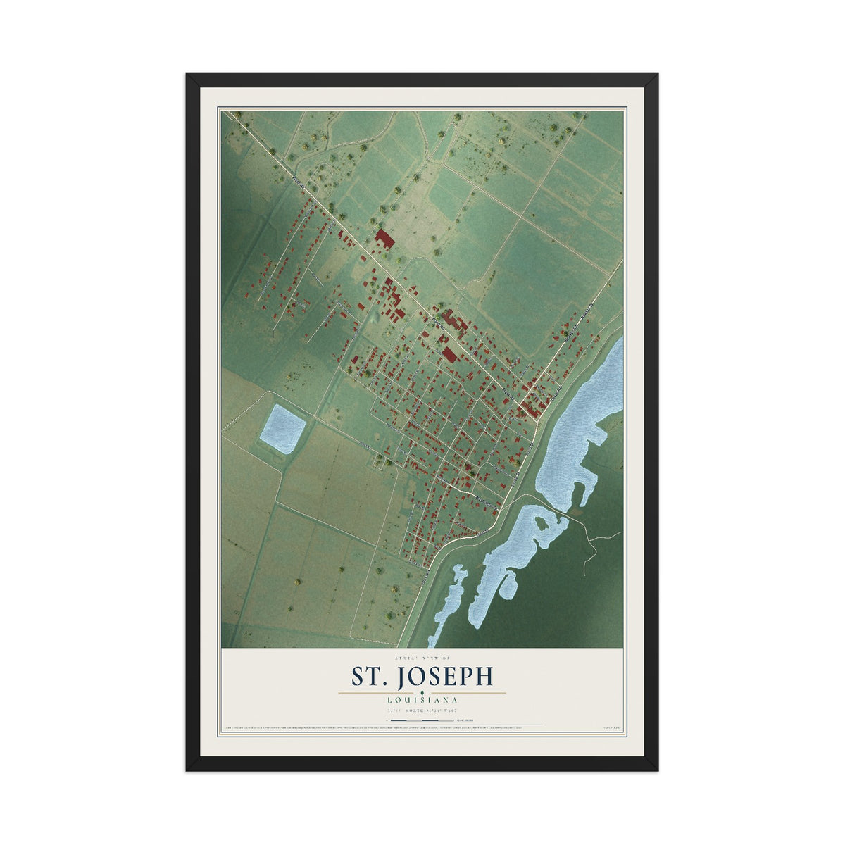 Map of St. Joseph, Louisiana, 12 x 18 inch print in a black wood frame