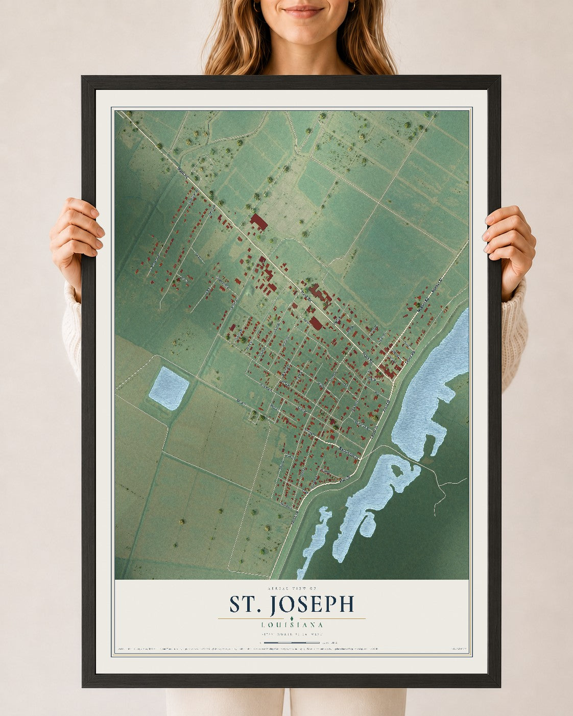 Map of St. Joseph, Louisiana, 24 x 36 inch print in a black wood frame