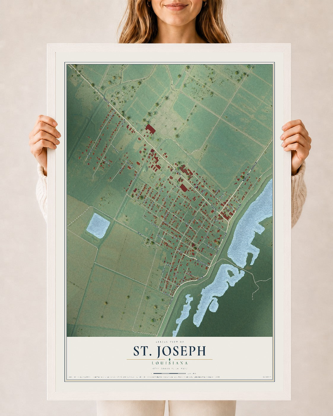Map of St. Joseph, Louisiana, 24 x 36 inch print in a white wood frame
