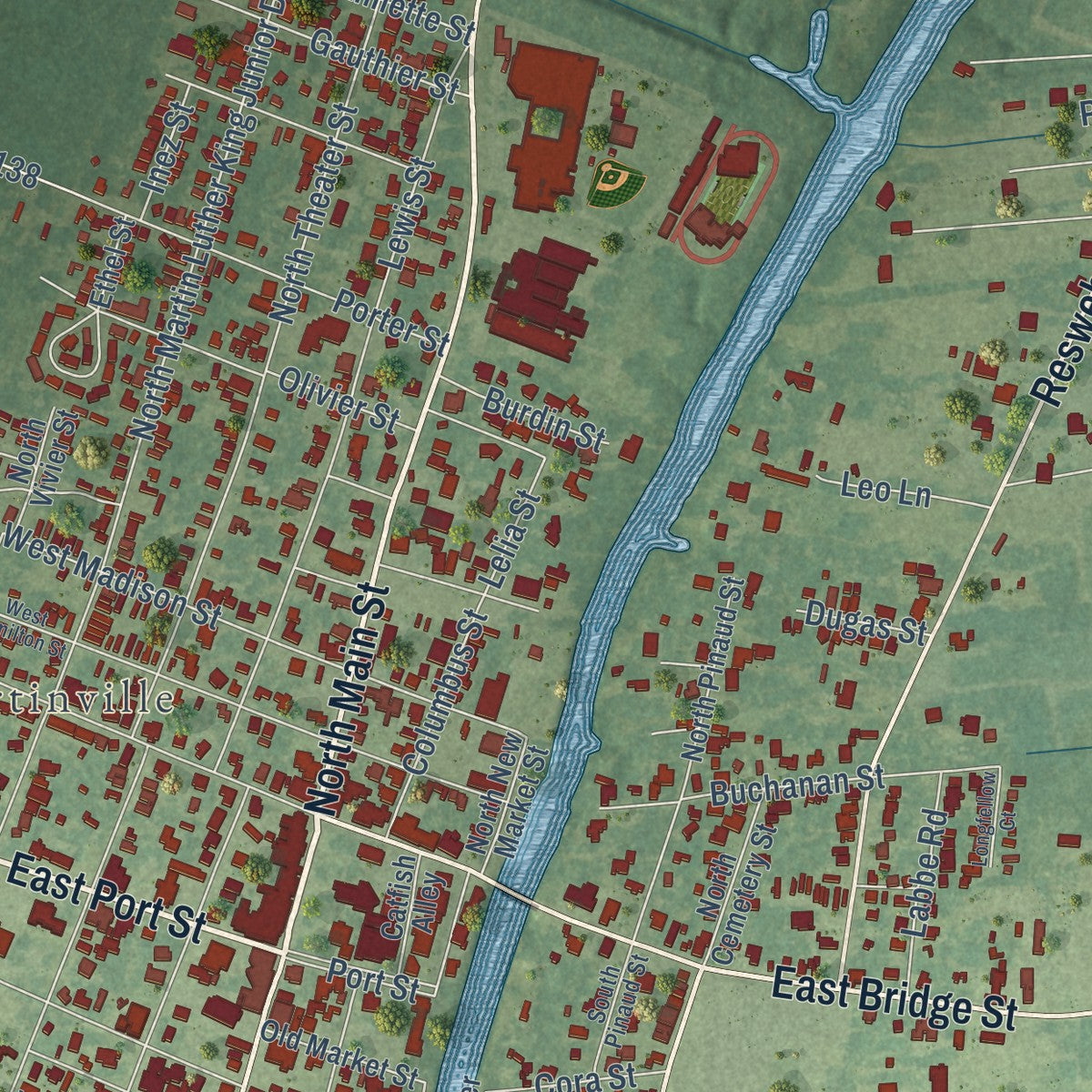 Close-up of the map of St. Martinville, Louisiana print showing street and building detail