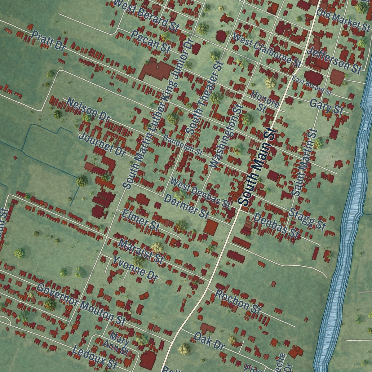 Second close-up of the map of St. Martinville, Louisiana print showing more streets and buildings