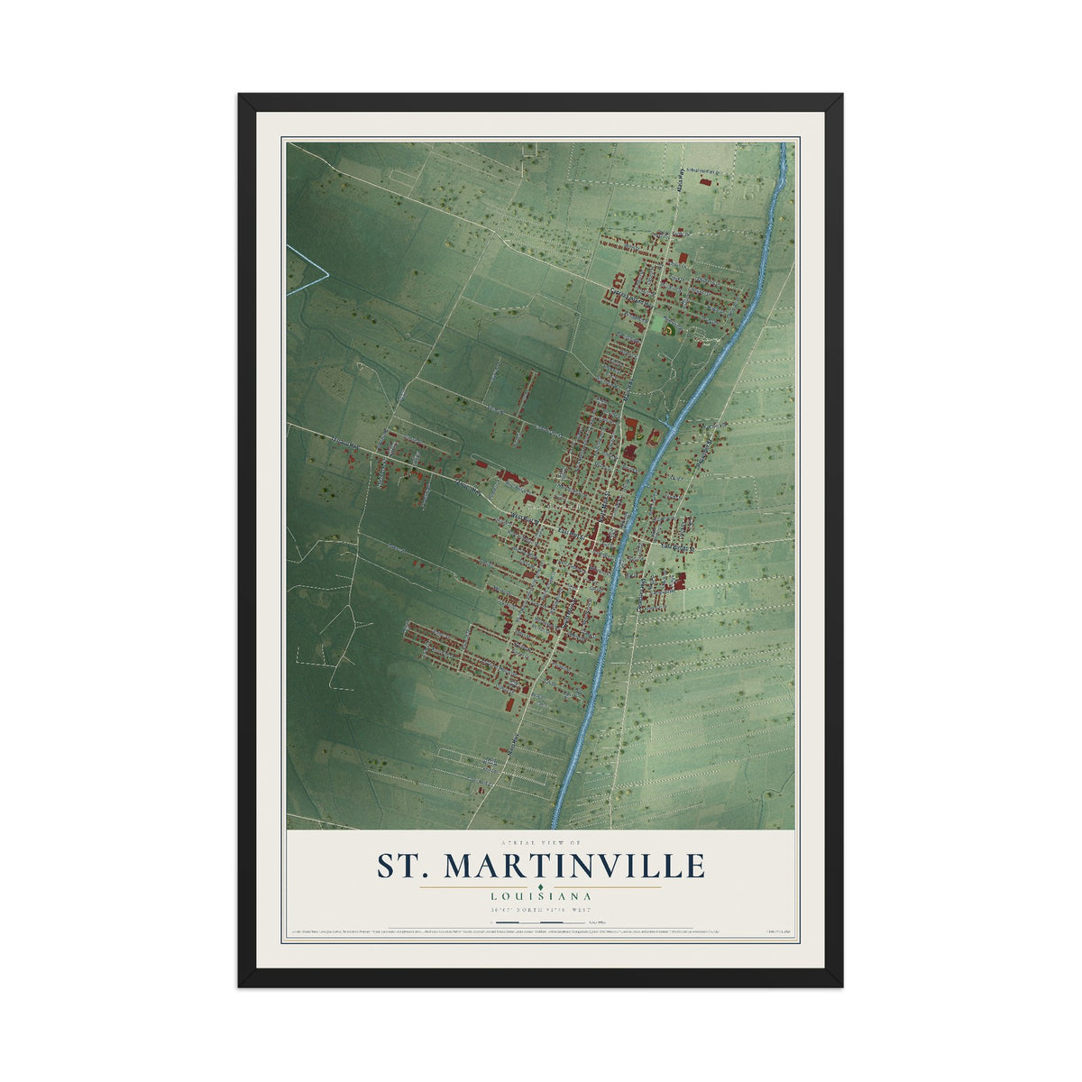 Map of St. Martinville, Louisiana, 12 x 18 inch print in a black wood frame