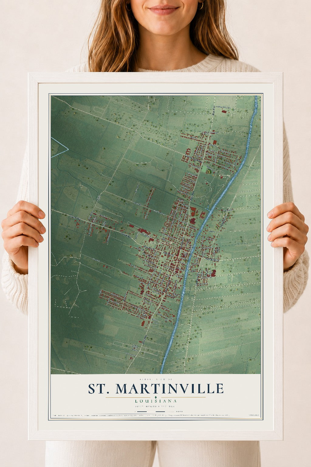 Map of St. Martinville, Louisiana, 18 x 24 inch print in a white wood frame