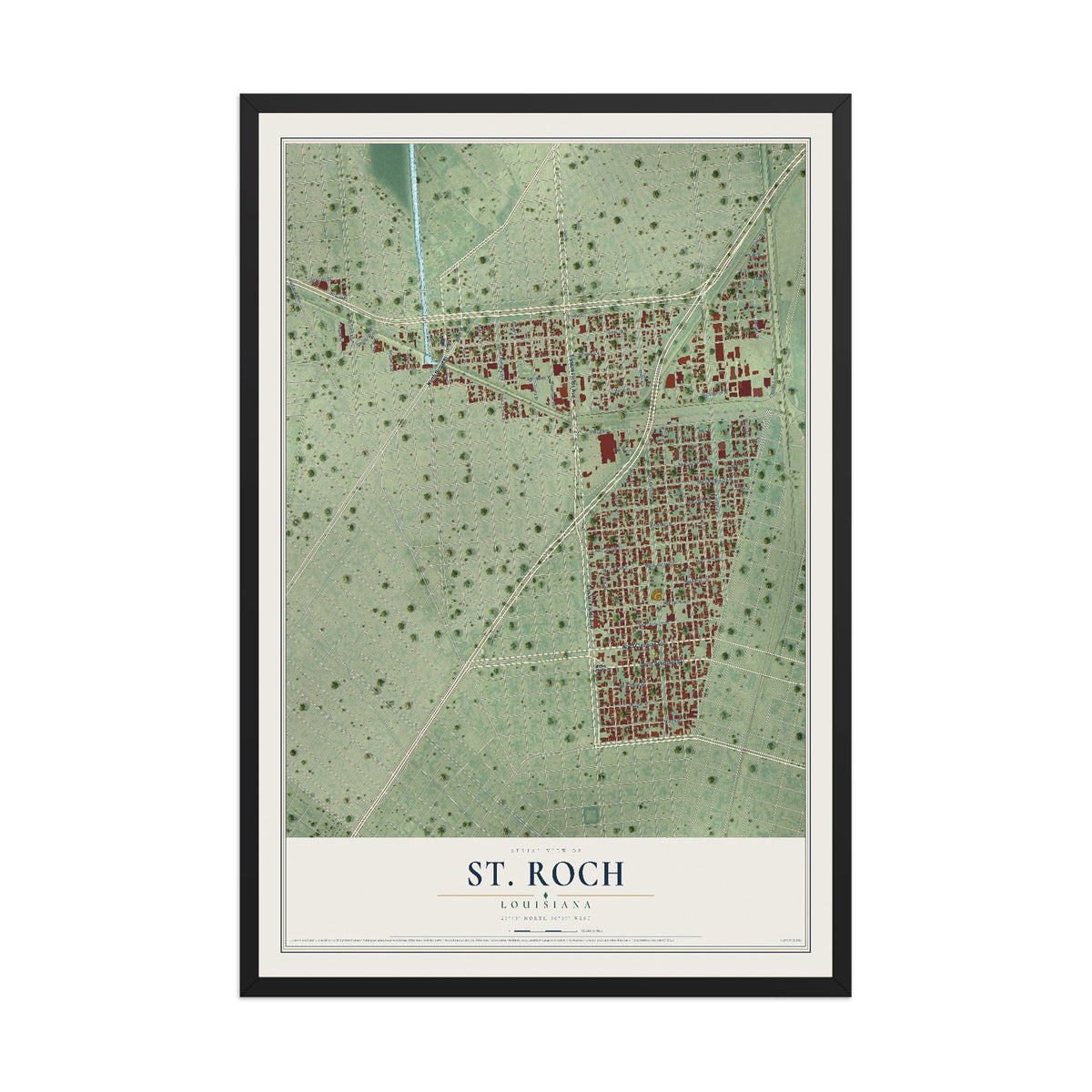Map of St. Roch, Louisiana, 12 x 18 inch print in a black wood frame