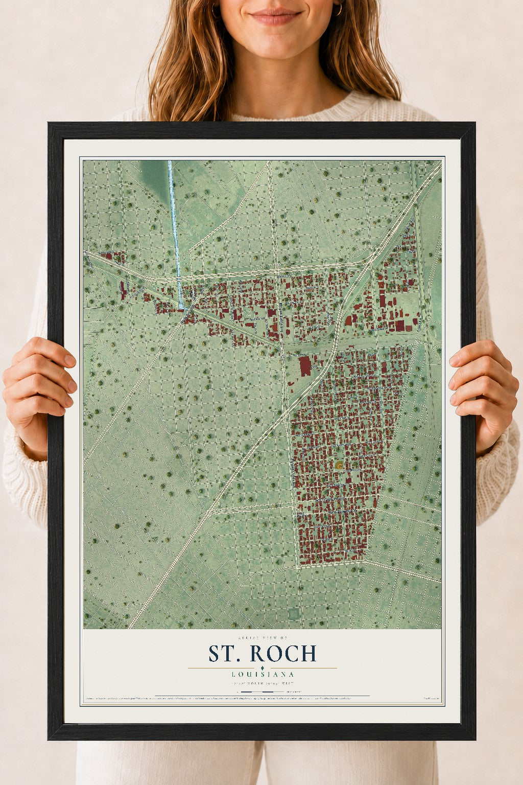 Map of St. Roch, Louisiana, 18 x 24 inch print in a black wood frame