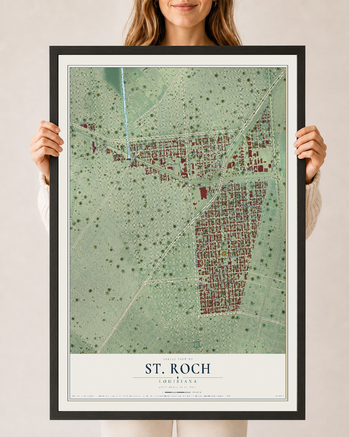 Map of St. Roch, Louisiana, 24 x 36 inch print in a black wood frame