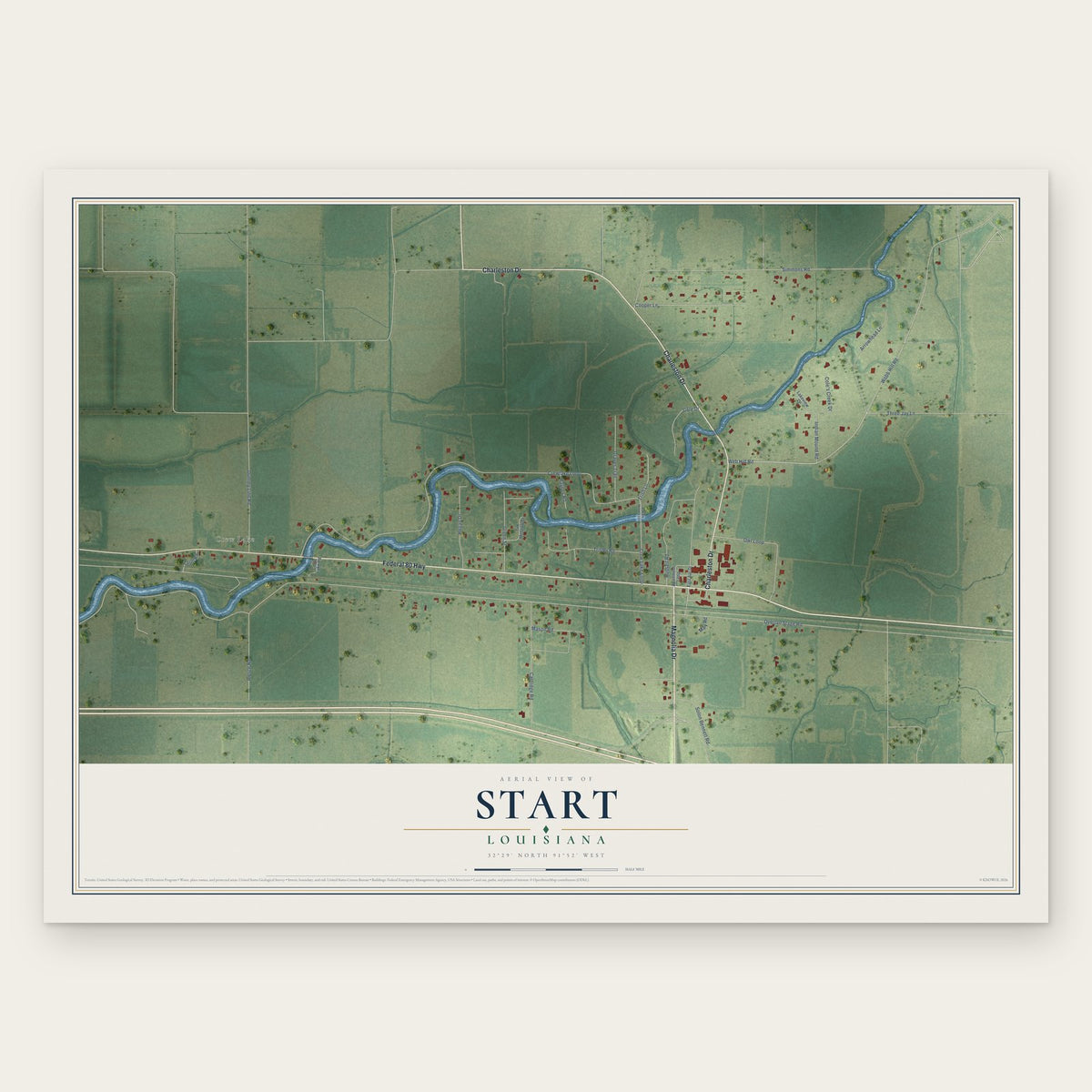 Start, Louisiana map print, the full design