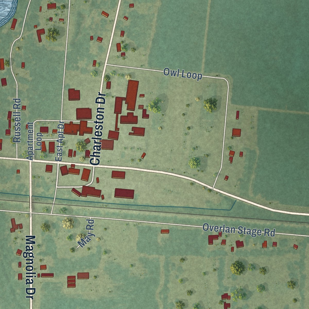 Close-up of the map of Start, Louisiana print showing street and building detail