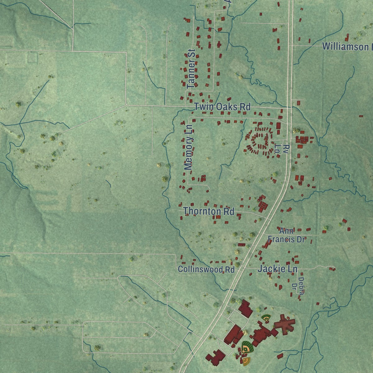 Close-up of the map of Stonewall, Louisiana print showing street and building detail