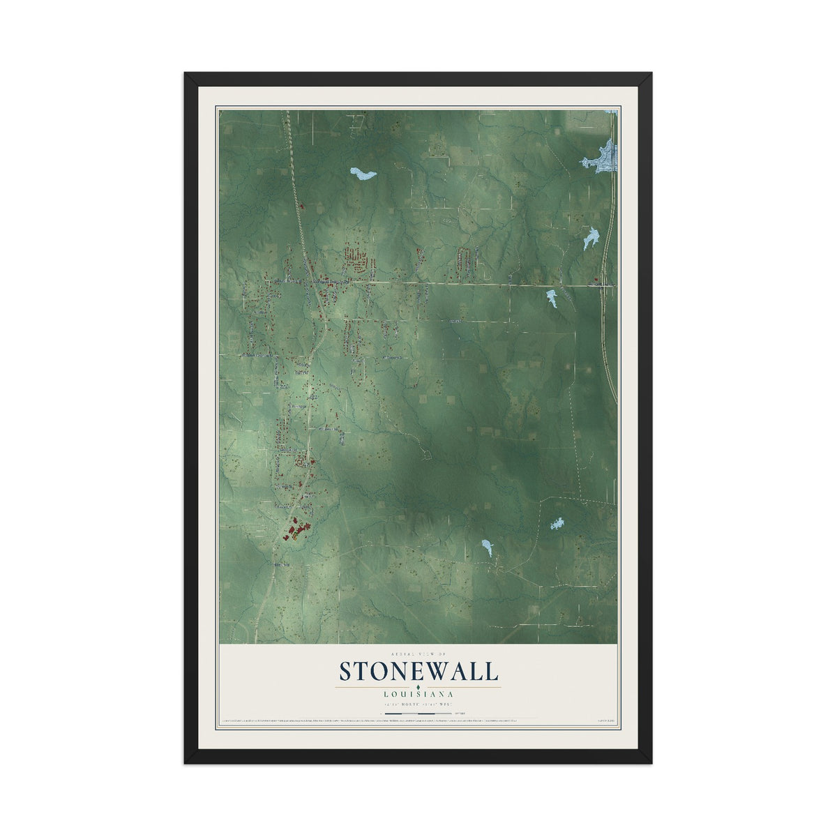 Map of Stonewall, Louisiana, 12 x 18 inch print in a black wood frame