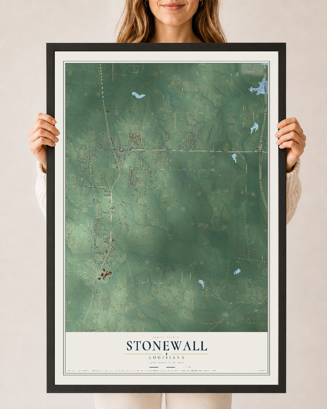 Map of Stonewall, Louisiana, 24 x 36 inch print in a black wood frame