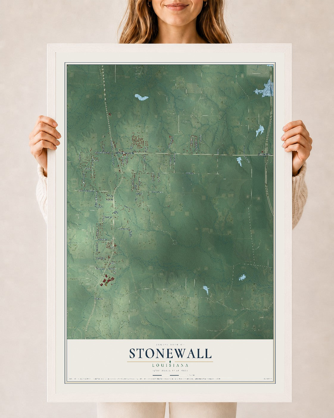 Map of Stonewall, Louisiana, 24 x 36 inch print in a white wood frame
