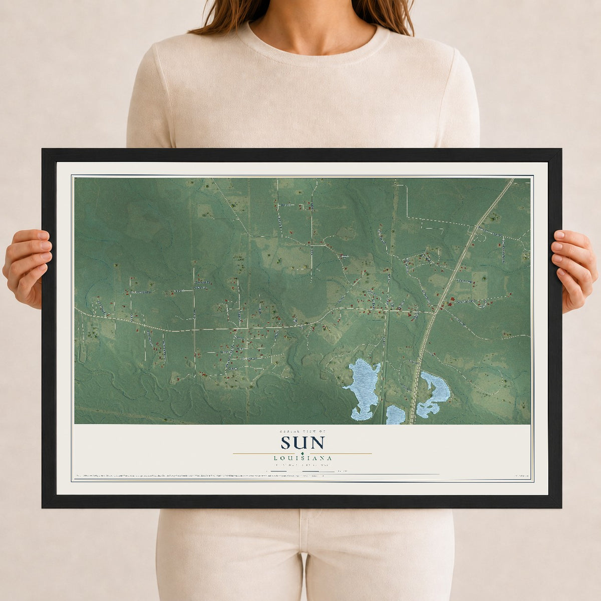 Map of Sun, Louisiana, 12 x 18 inch print in a black wood frame
