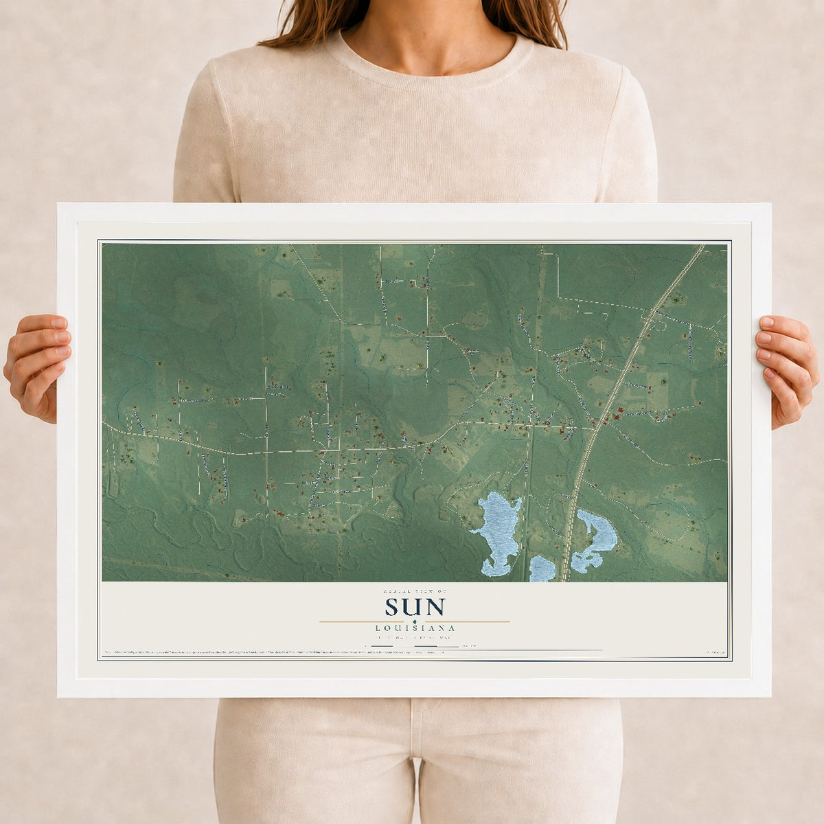 Map of Sun, Louisiana, 12 x 18 inch print in a white wood frame
