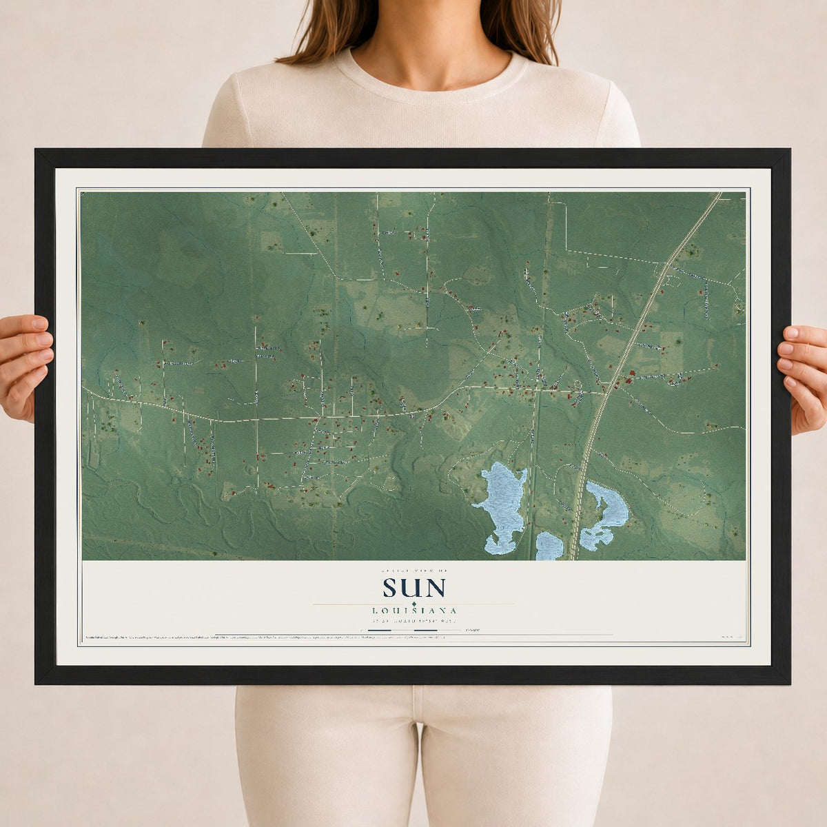 Map of Sun, Louisiana, 18 x 24 inch print in a black wood frame