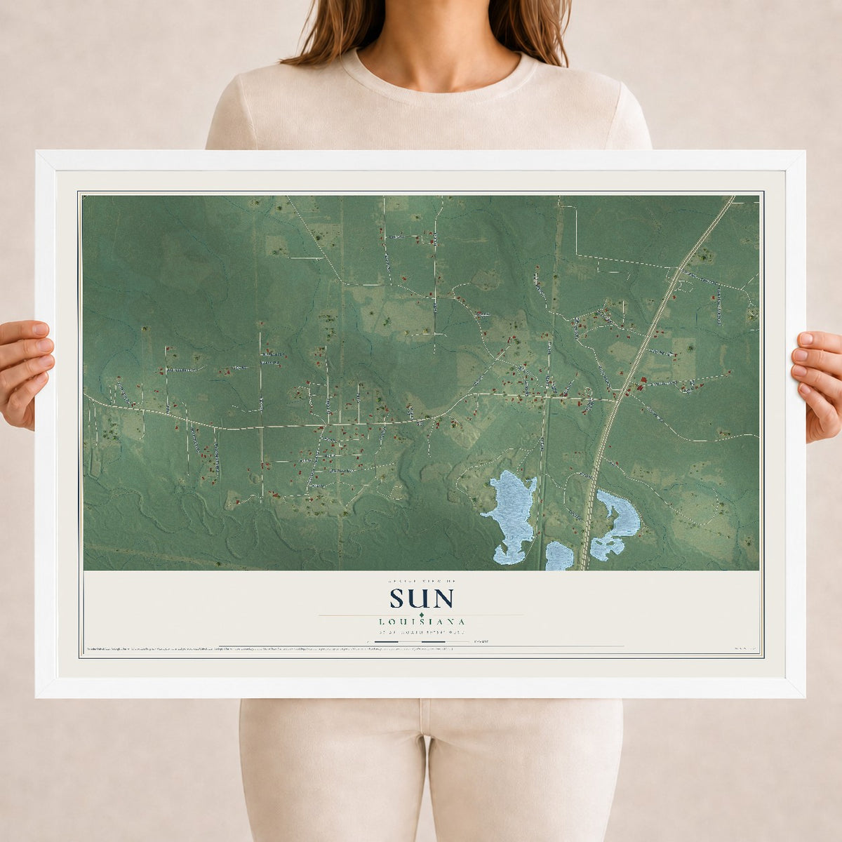 Map of Sun, Louisiana, 18 x 24 inch print in a white wood frame