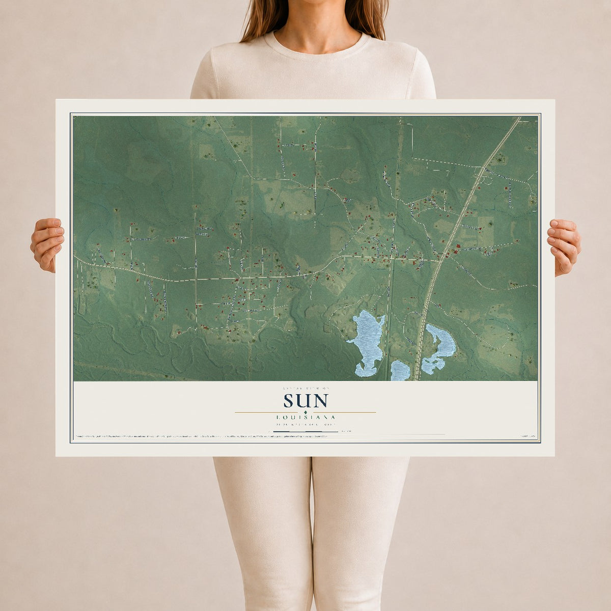 Map of Sun, Louisiana, 24 x 36 inch unframed archival matte print