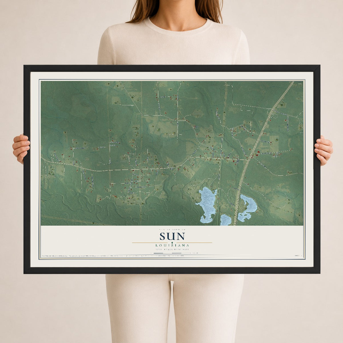 Map of Sun, Louisiana, 24 x 36 inch print in a black wood frame