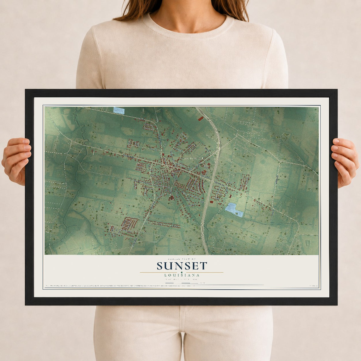 Map of Sunset, Louisiana, 12 x 18 inch print in a black wood frame