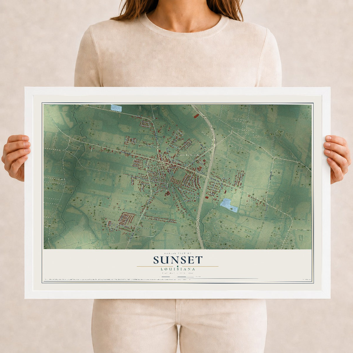 Map of Sunset, Louisiana, 12 x 18 inch print in a white wood frame