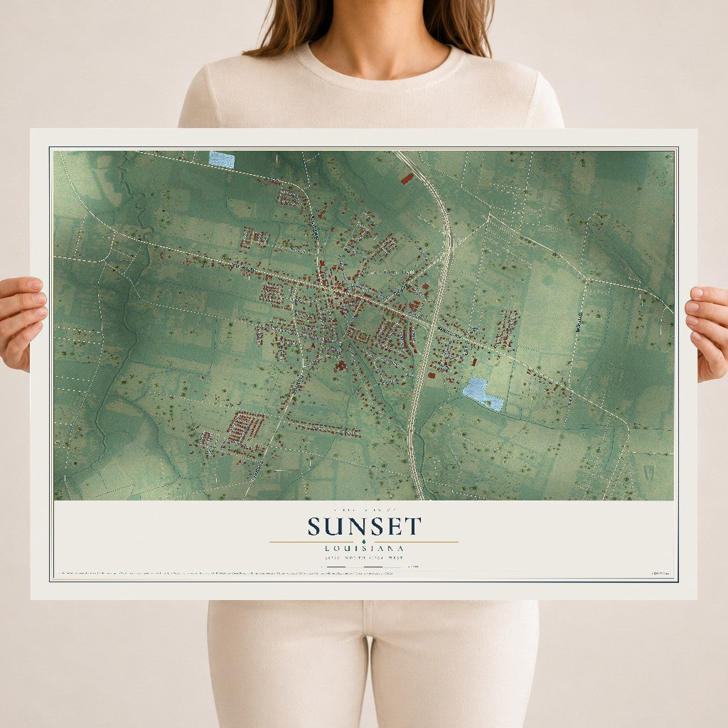 Map of Sunset, Louisiana, 18 x 24 inch unframed archival matte print