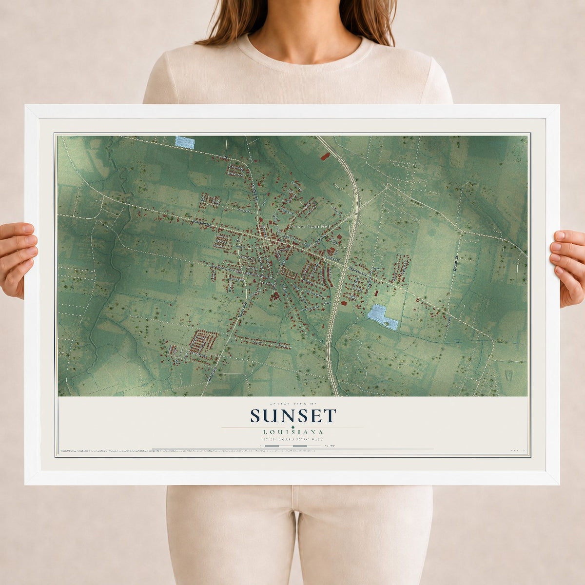 Map of Sunset, Louisiana, 18 x 24 inch print in a white wood frame