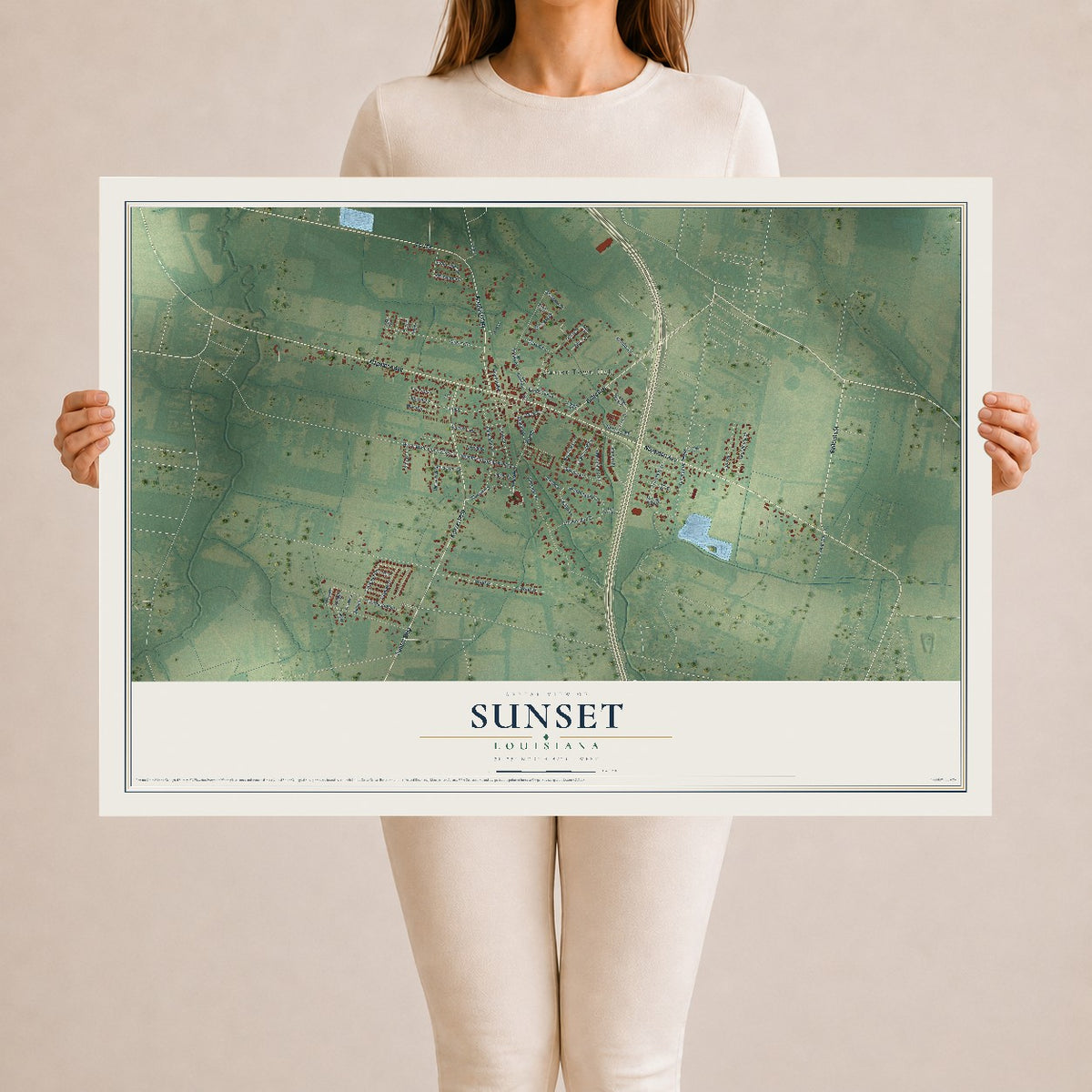 Map of Sunset, Louisiana, 24 x 36 inch unframed archival matte print