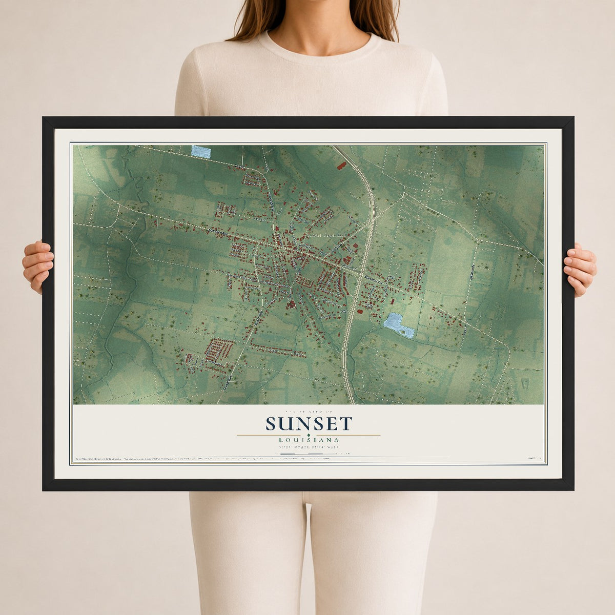 Map of Sunset, Louisiana, 24 x 36 inch print in a black wood frame