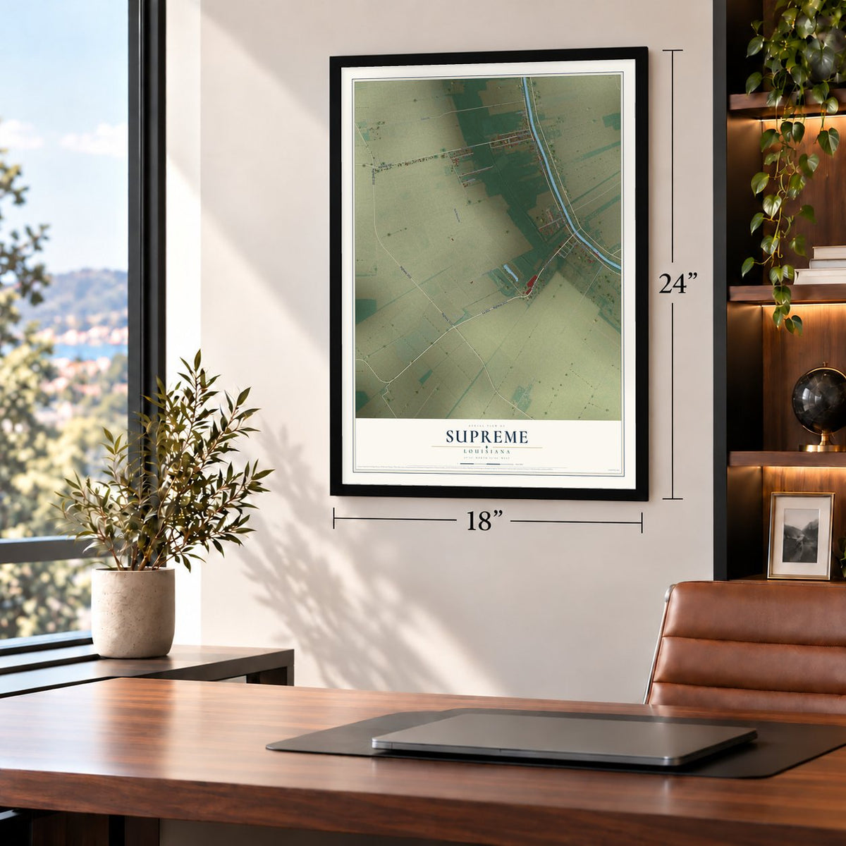 Supreme, Louisiana map, 18 x 24 inch print in a black frame in a home office