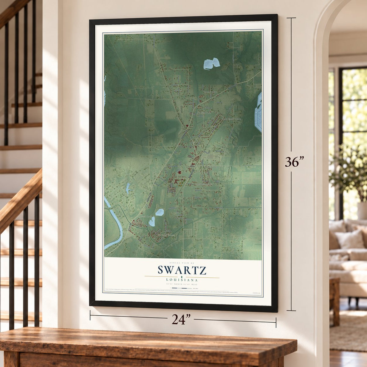 Swartz, Louisiana map, 24 x 36 inch print in a black frame by a staircase
