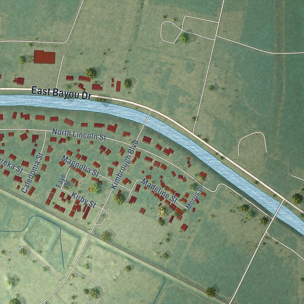 Second close-up of the map of Tallulah, Louisiana print showing more streets and buildings