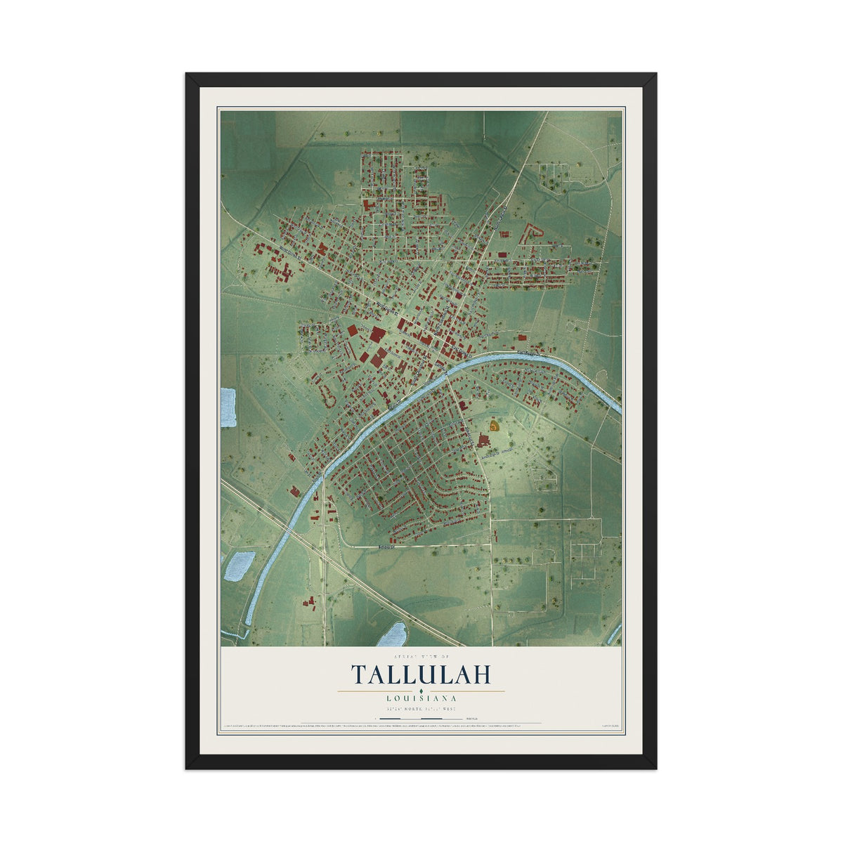 Map of Tallulah, Louisiana, 12 x 18 inch print in a black wood frame