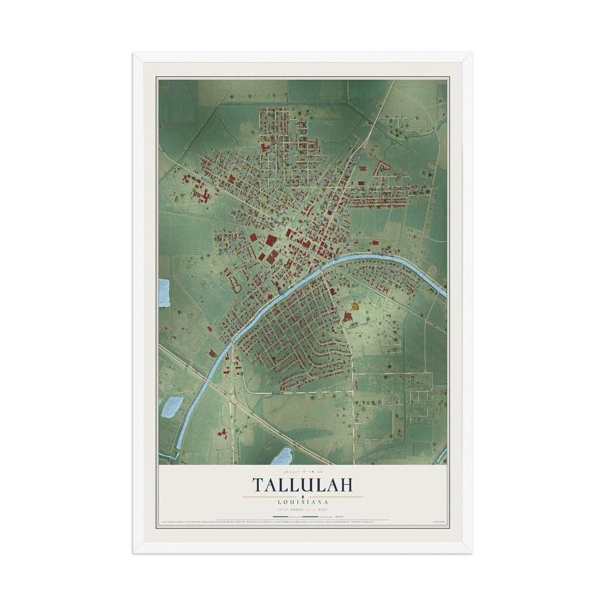 Map of Tallulah, Louisiana, 12 x 18 inch print in a white wood frame