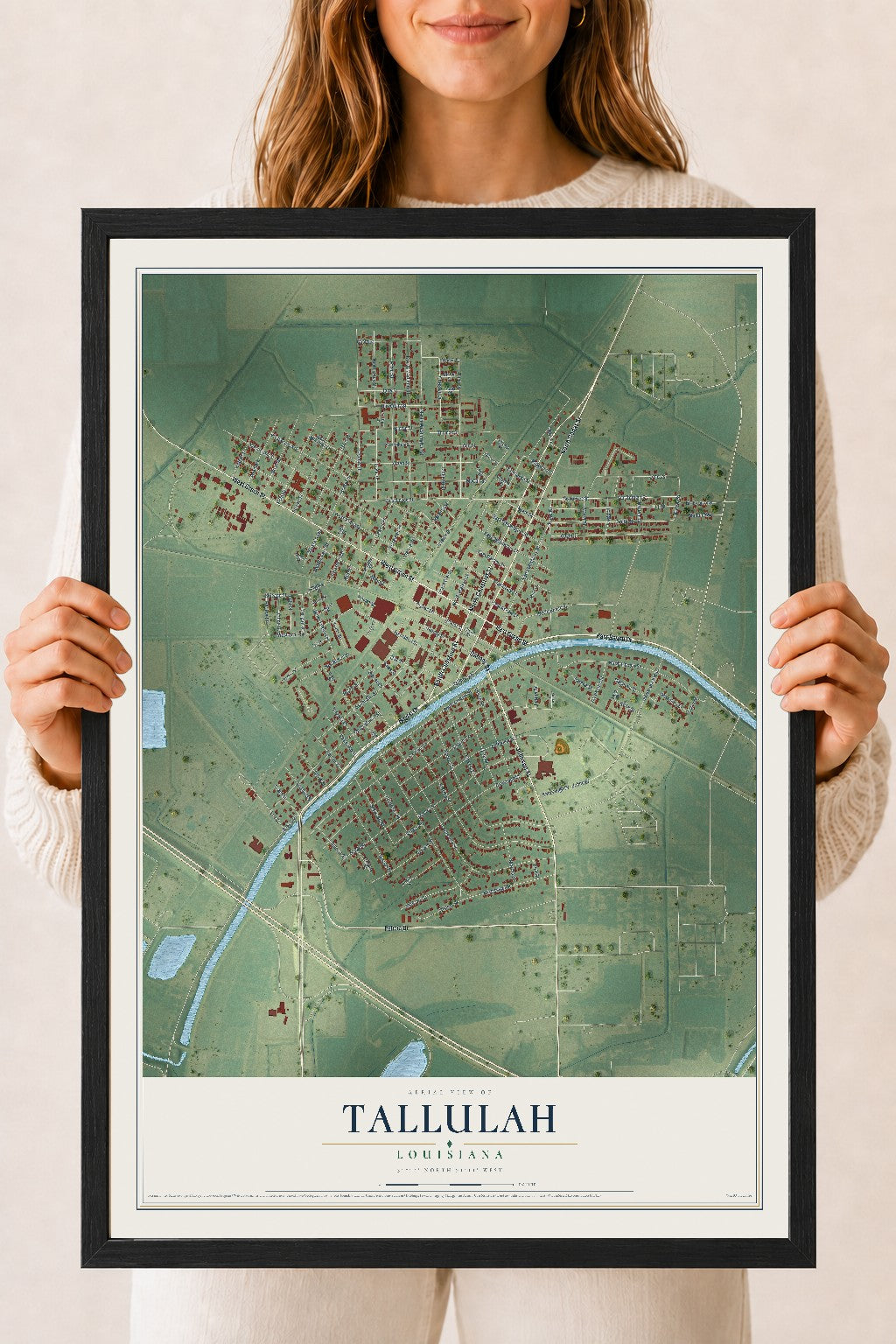 Map of Tallulah, Louisiana, 18 x 24 inch print in a black wood frame