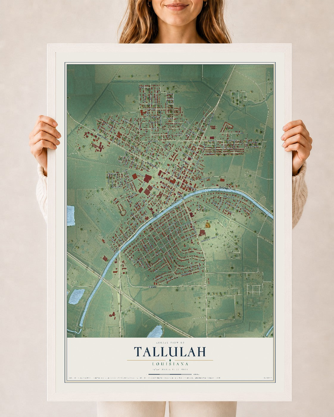 Map of Tallulah, Louisiana, 24 x 36 inch print in a white wood frame