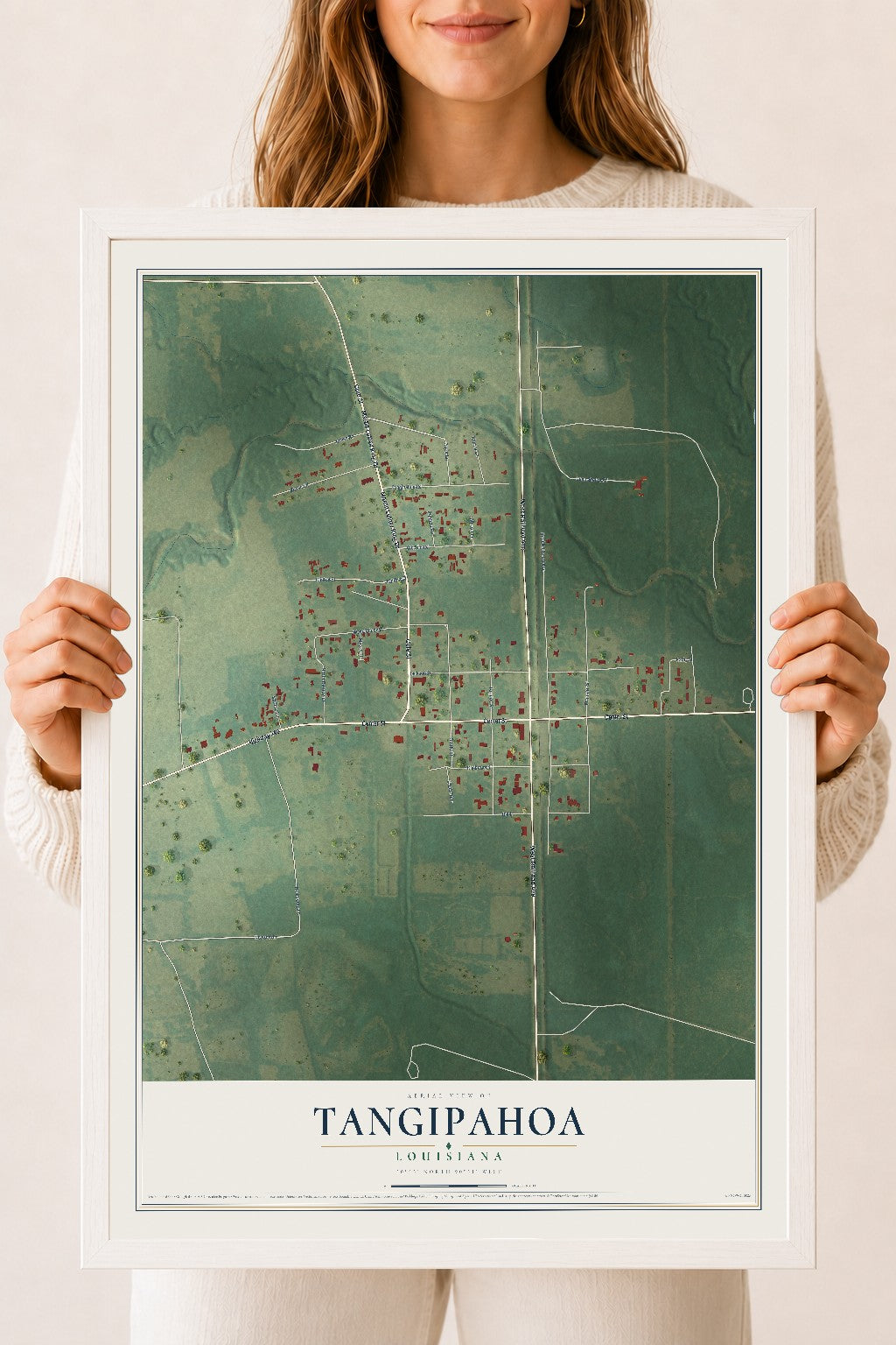 Map of Tangipahoa, Louisiana, 18 x 24 inch print in a white wood frame