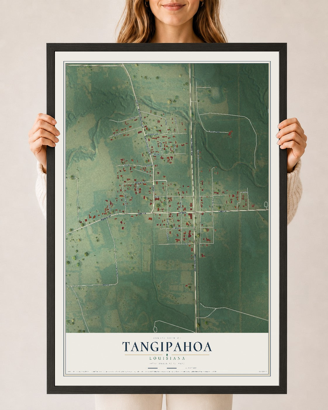Map of Tangipahoa, Louisiana, 24 x 36 inch print in a black wood frame