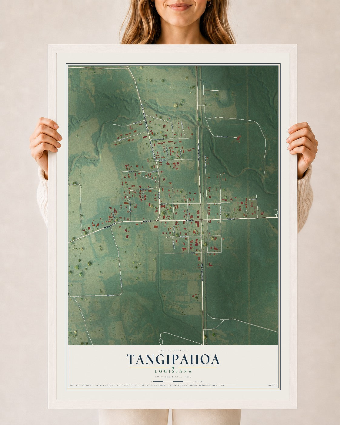 Map of Tangipahoa, Louisiana, 24 x 36 inch print in a white wood frame