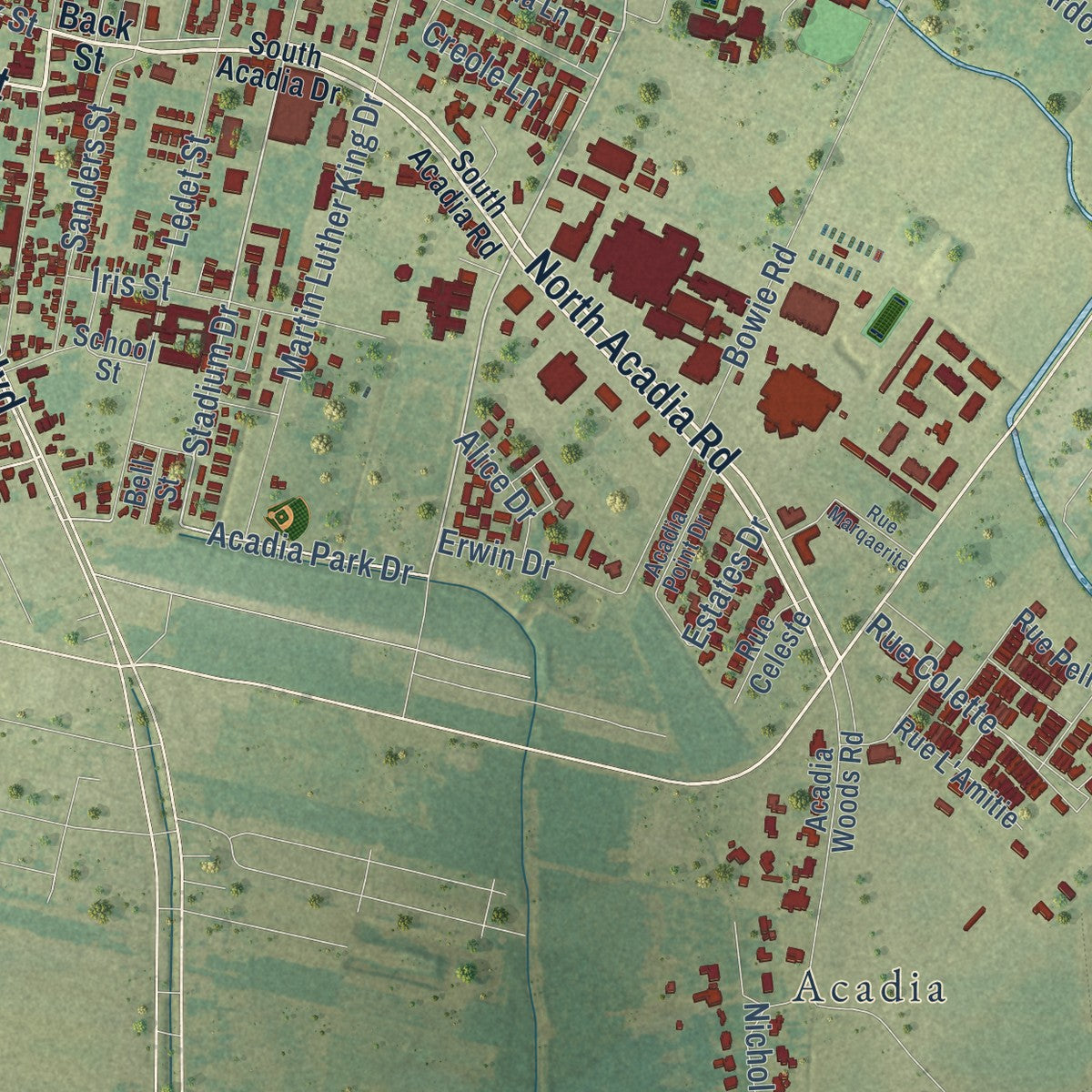 Second close-up of the map of Thibodaux, Louisiana print showing more streets and buildings