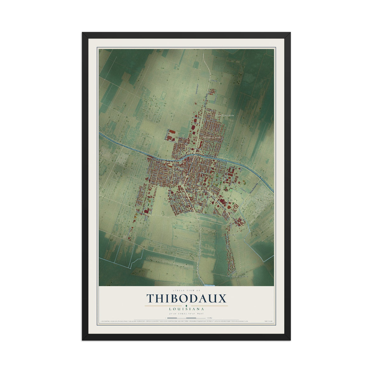 Map of Thibodaux, Louisiana, 12 x 18 inch print in a black wood frame