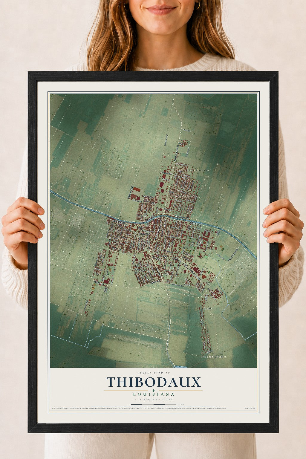 Map of Thibodaux, Louisiana, 18 x 24 inch print in a black wood frame