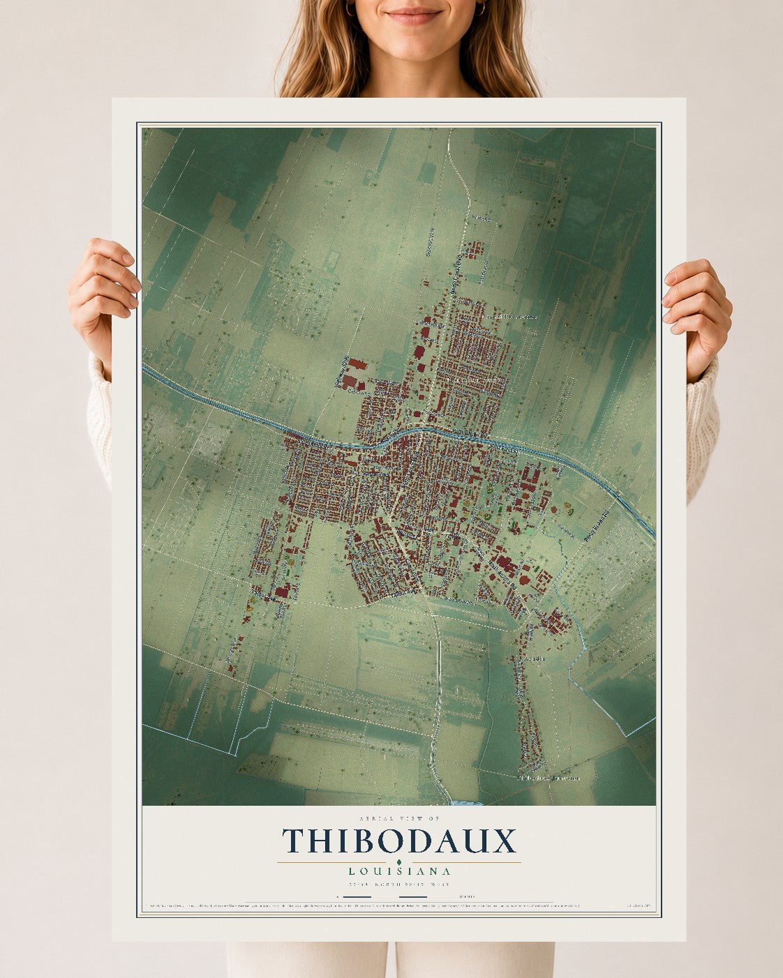 Map of Thibodaux, Louisiana, 24 x 36 inch unframed archival matte print
