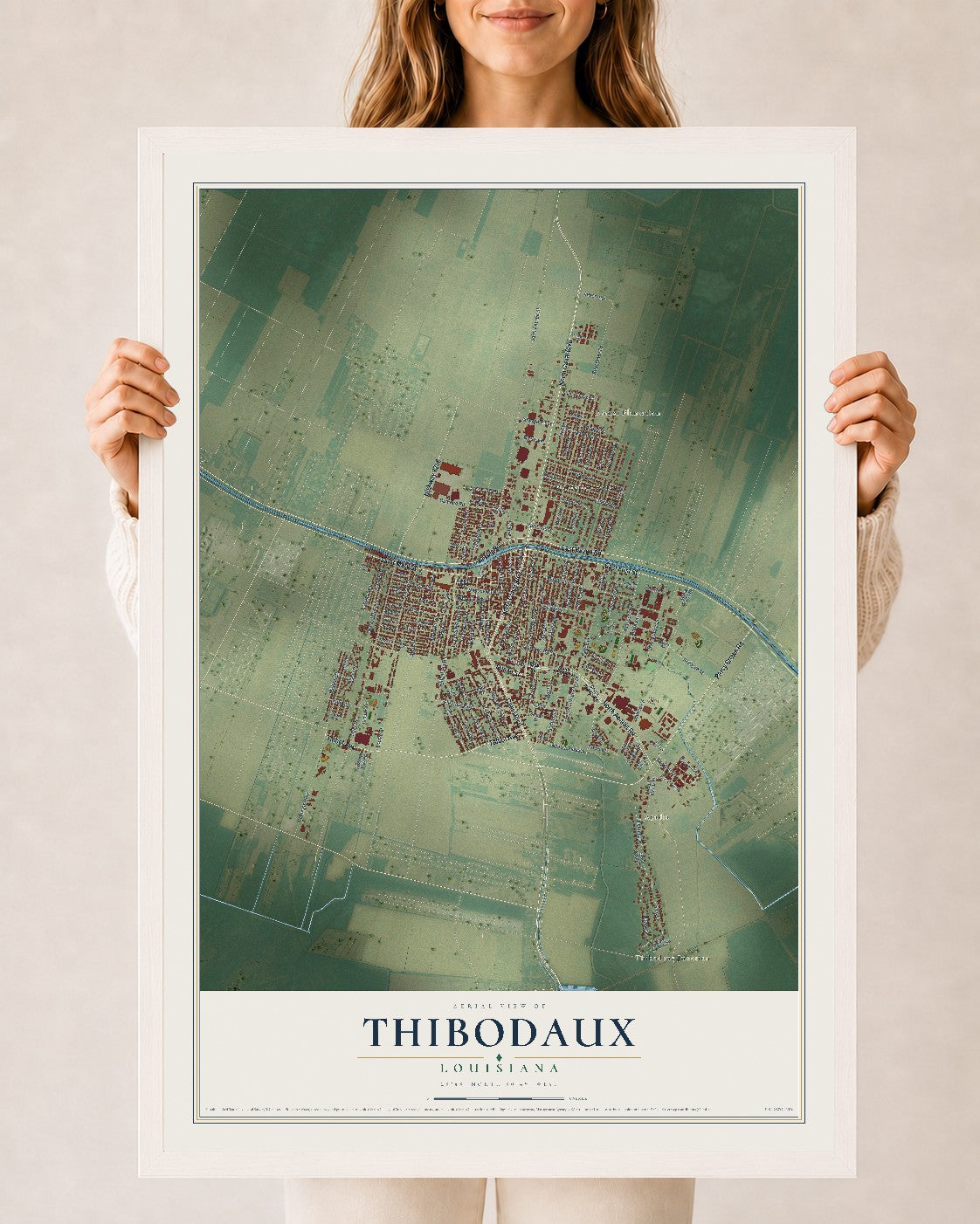 Map of Thibodaux, Louisiana, 24 x 36 inch print in a white wood frame