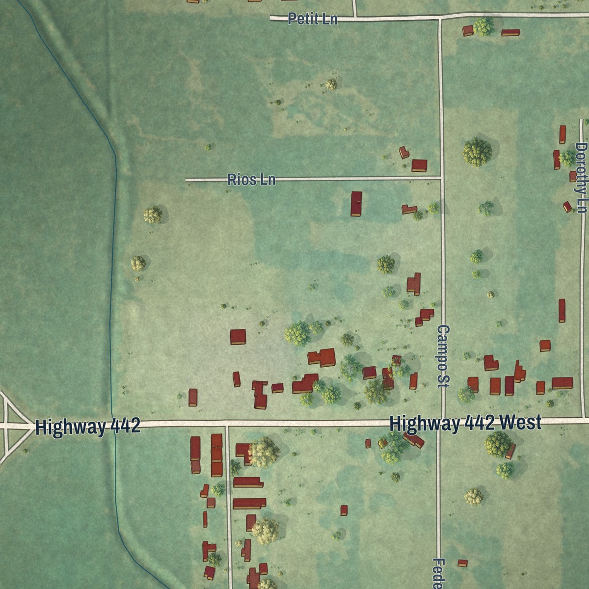Second close-up of the map of Tickfaw, Louisiana print showing more streets and buildings