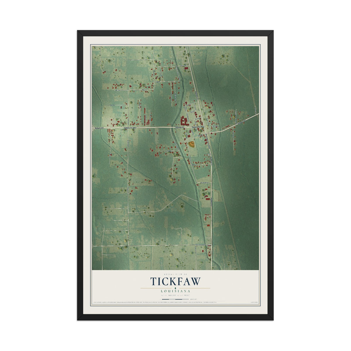 Map of Tickfaw, Louisiana, 12 x 18 inch print in a black wood frame