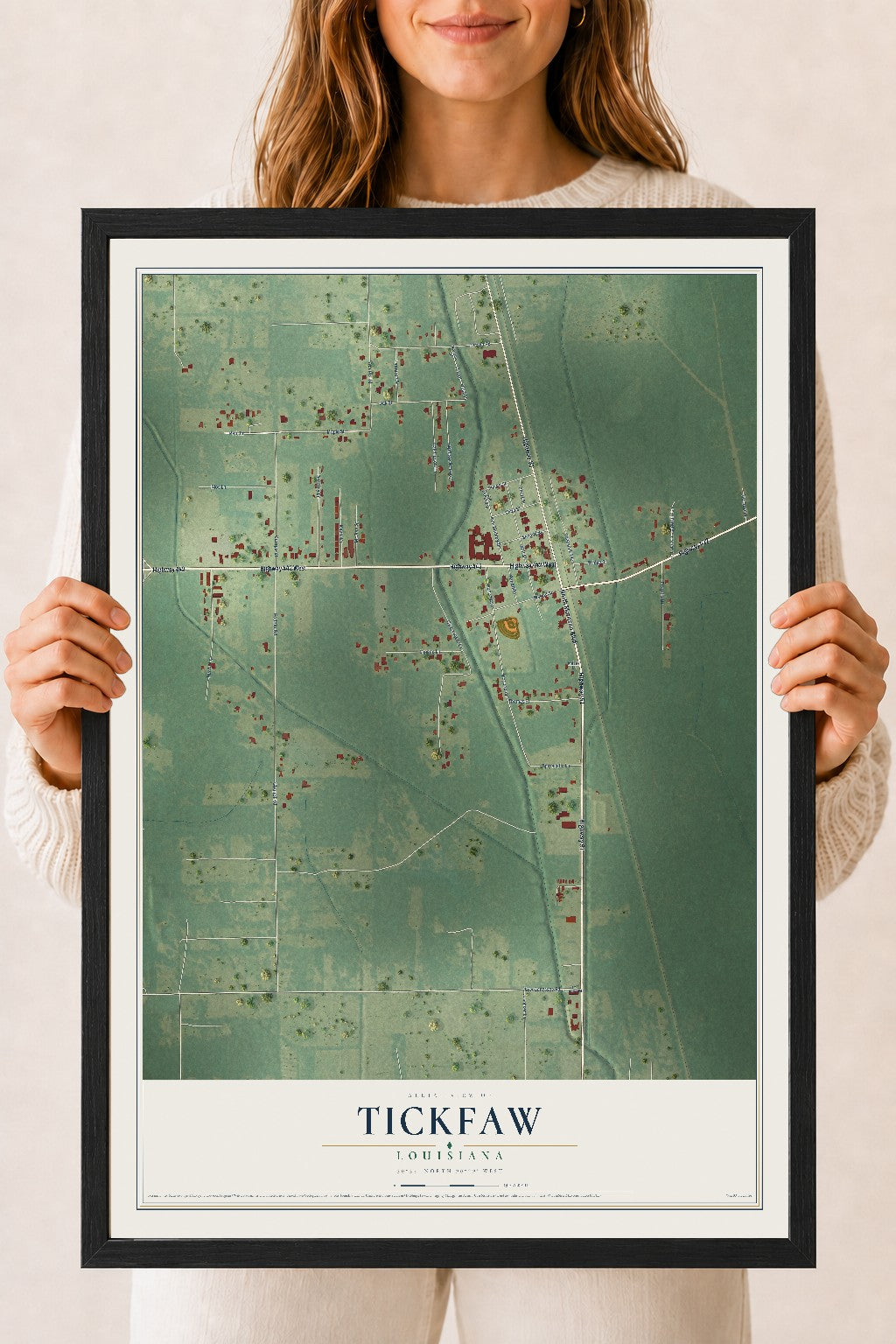 Map of Tickfaw, Louisiana, 18 x 24 inch print in a black wood frame